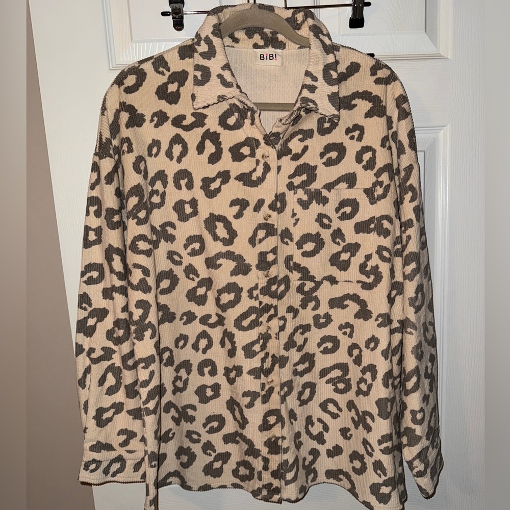 BiBi Leopard Print Button Down Shirt - Tan and Black